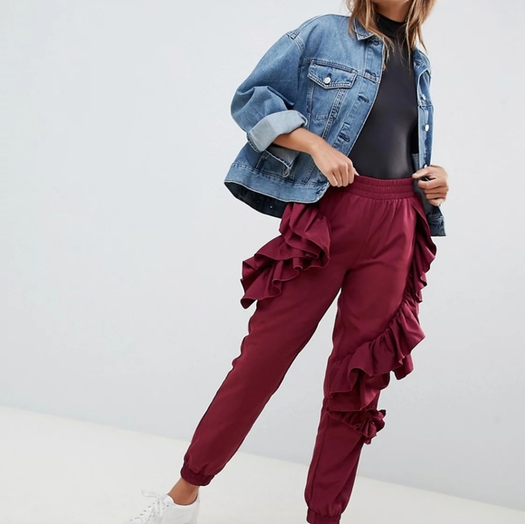 ASOS Design Ruffle Sweatpants in Burgundy Women's Us Size 4 NWT - Picture 2 of 16